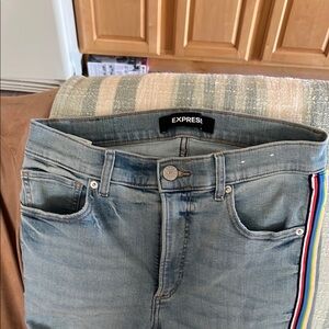 Express High Rise Blue and Red Jeans with Athletic Stripe